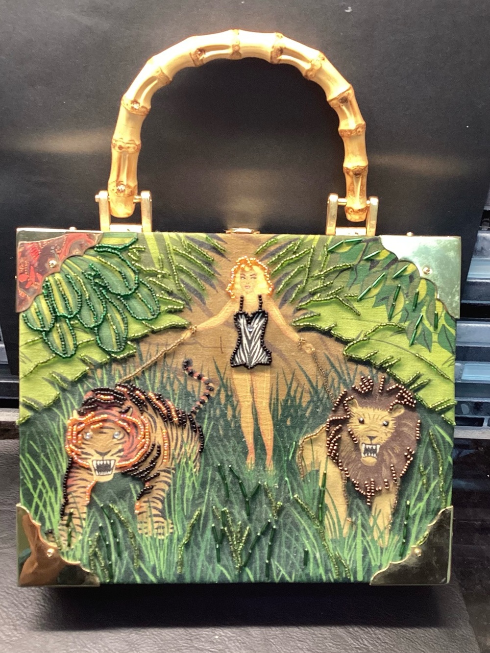 Green jungle Beaded Cigar Box Purse Bamboo Handle Exotic Tropical Handbag